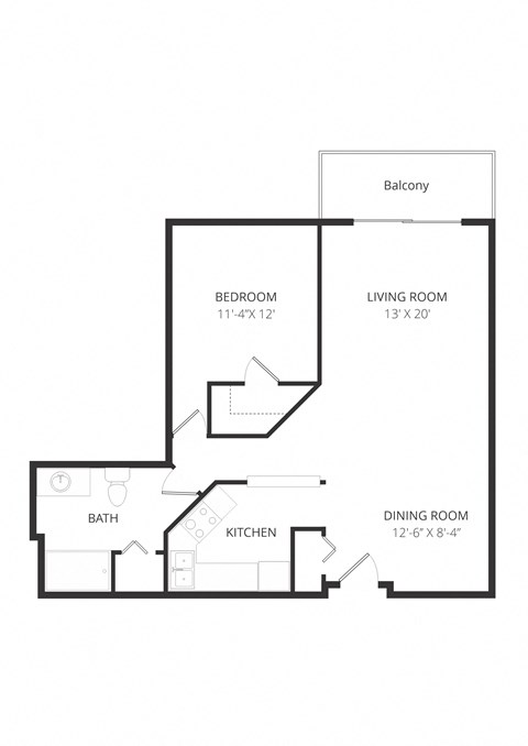 Floor plan for 1 bed, 1 bath, 850 sqft